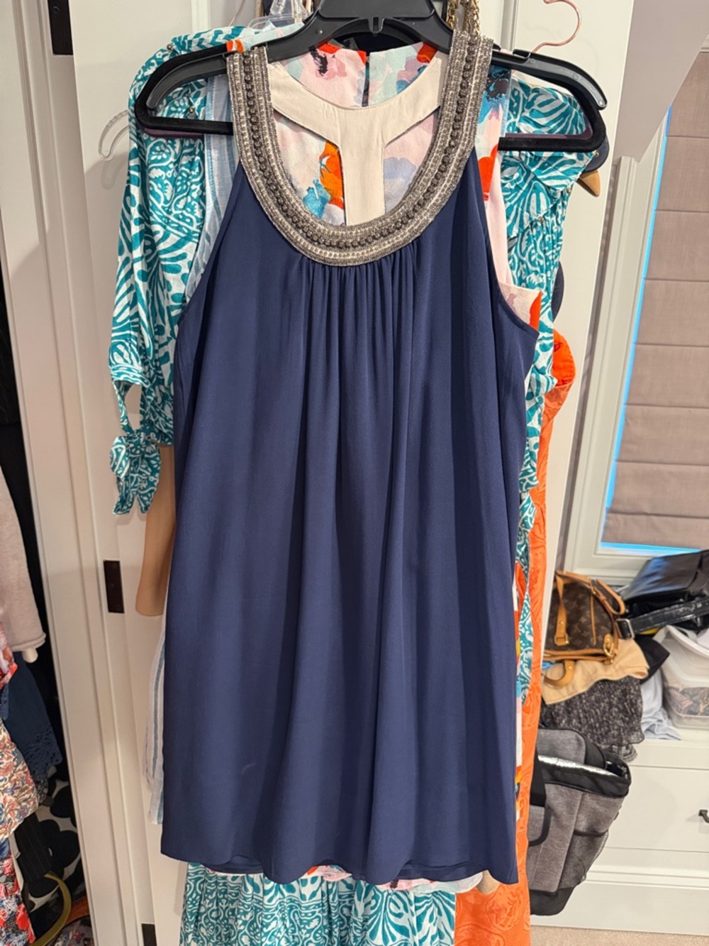 Joie Navy Blue Beaded-Neck Midi Dress